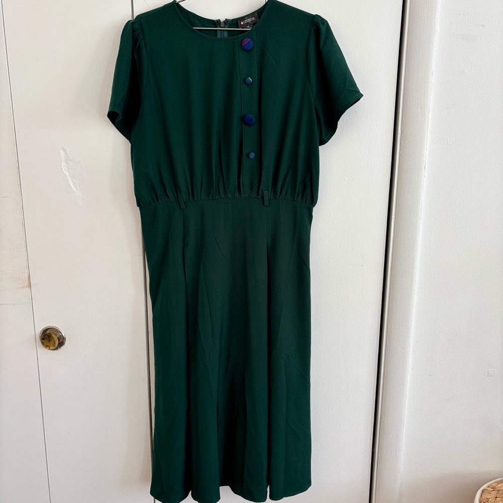 Dark Green Vintage-Style Midi-Dress with Plaid Buttons by Bright and Beautiful